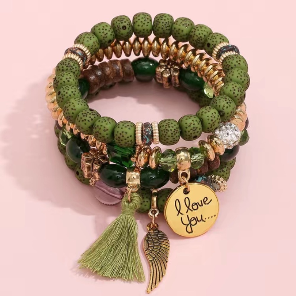 Green tassel and wing charm beaded‎ bracelet set